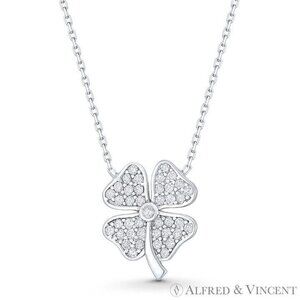 4-Leaf Clover Shamrock Irish CZ Crystal Necklace Pendant in .925 Sterling Silver